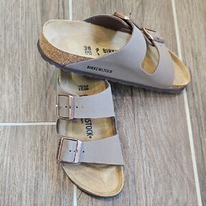 Birkenstock Beige Arizona Two-Buckle Sandals with Rose-Gold Buckles